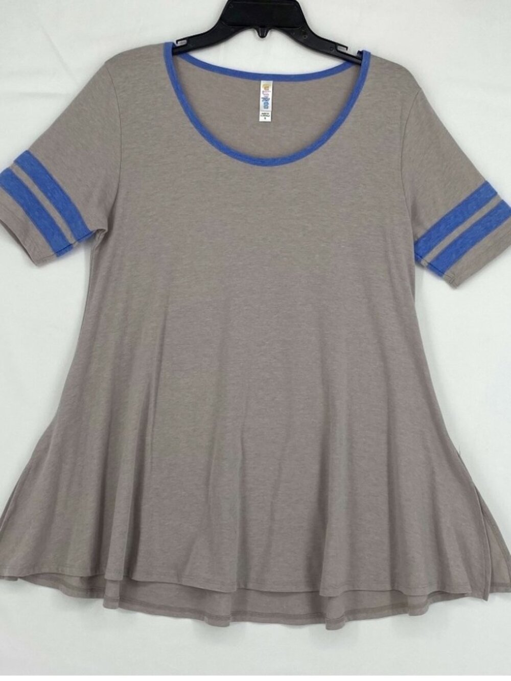 Womens Swing Top Heather Gray Knit with Blue Collar Arm Stripes